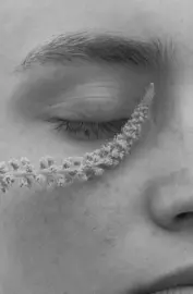 face closeup with a herb near the eye